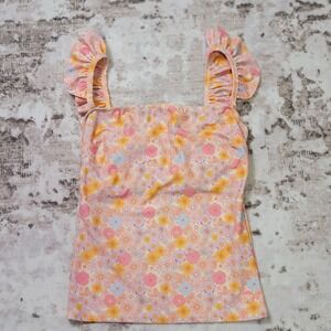 Albion Fit Ruffle Tankini Top Darling Pink Retro 70s Floral Print Women's Size M